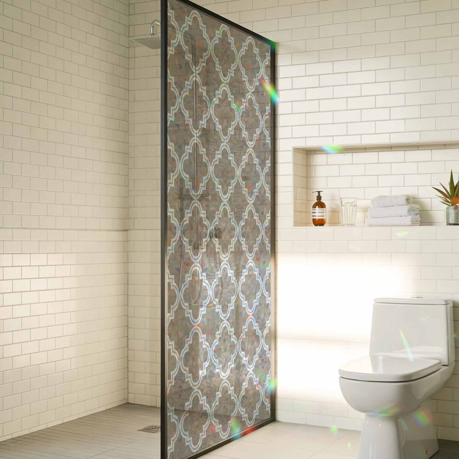 Modern Beige Geometric Window Privacy Film Stain Glass,Reusable Decorative Rainbow Window Film,Abstract Art Morocco Aesthetic Static Cling Sun Blocking Stickers Decals Covers 23.6" x 78.7" (2pcs)