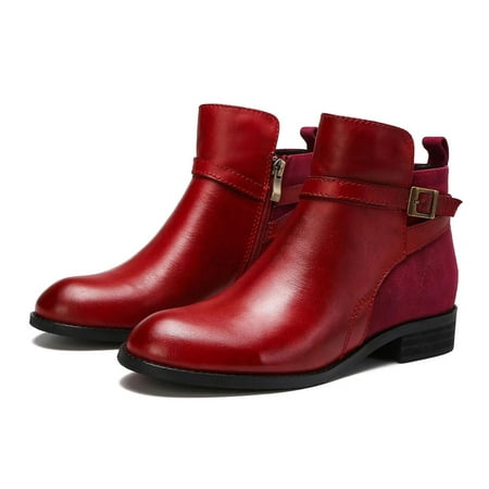 

DAETIROS Comfort Solid Color Chunky Heel Casual Solid Color Thick Heel Round Head Boots Side Zipper Boots Red Size 5.5