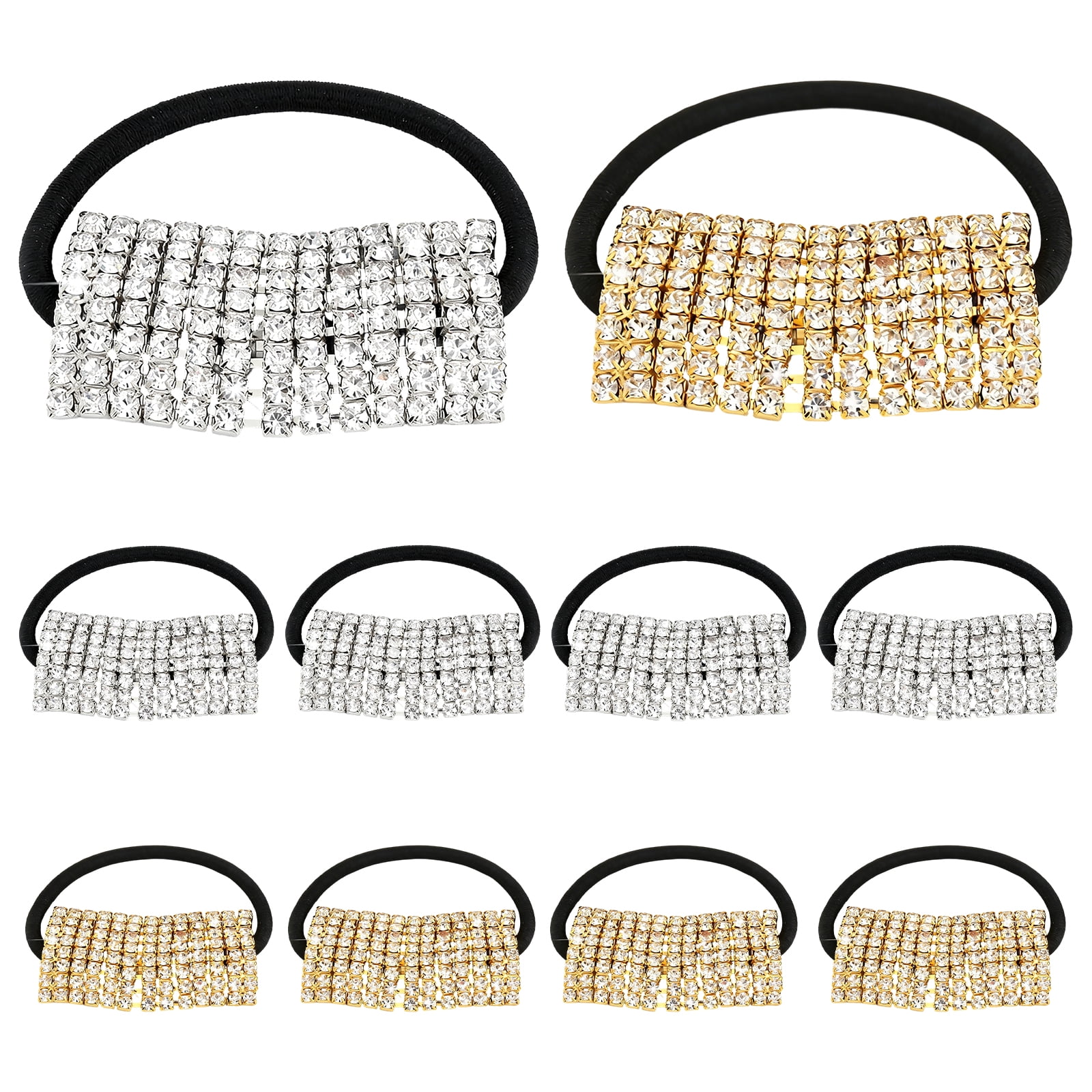 10 Pcs Rhinestone Hair Ties, Elastic Crystal Design Hair Accessories with Sparkling Gold Silver Metal Decor, Ponytail Holders for Women, 1.95 x 1.05 in Gem Decor, 0.42 oz Each