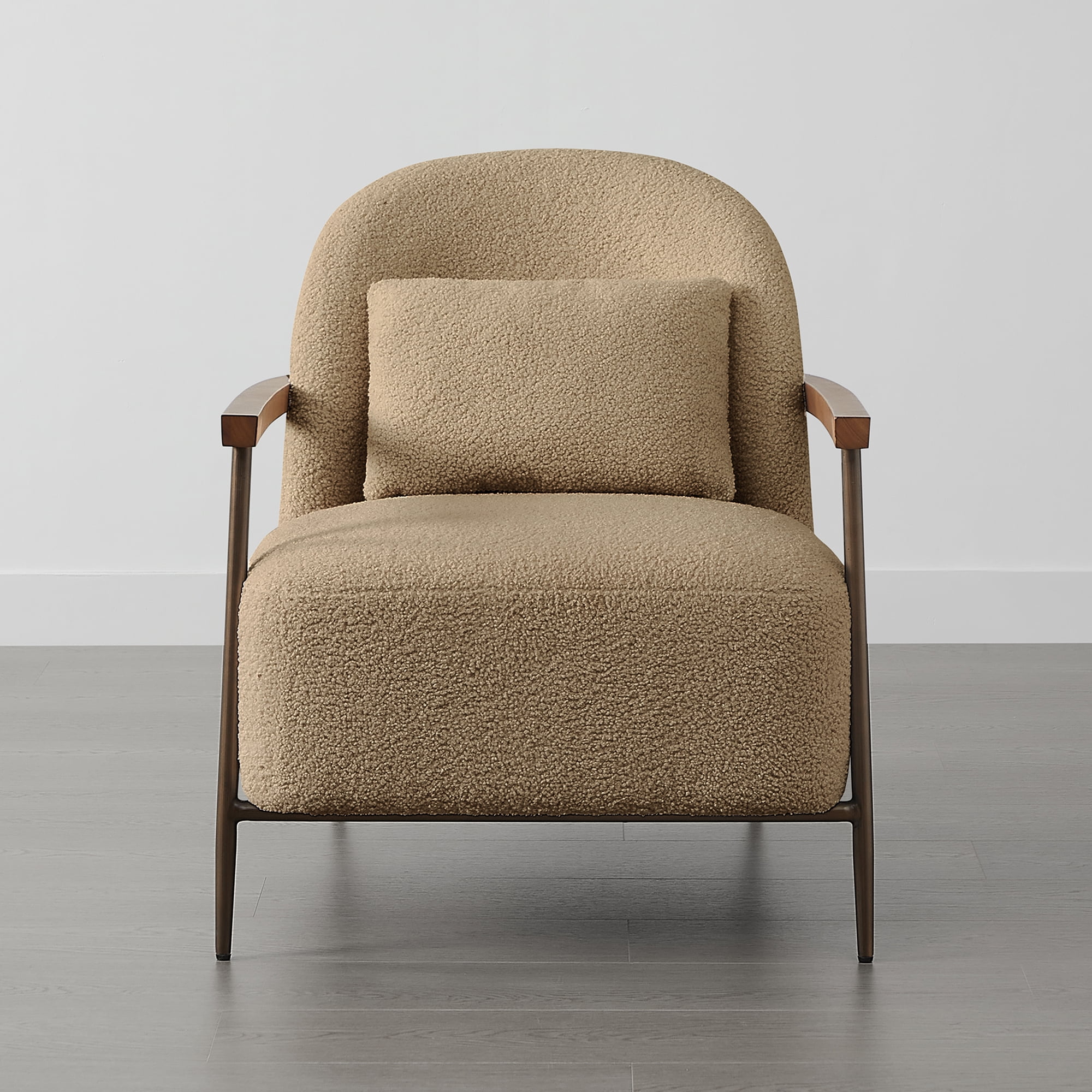 Spruce & Spring Modern Upholstered Faux Sherpa Accent Chair with Wood Arms and Metal Legs, Set of 2, Camel