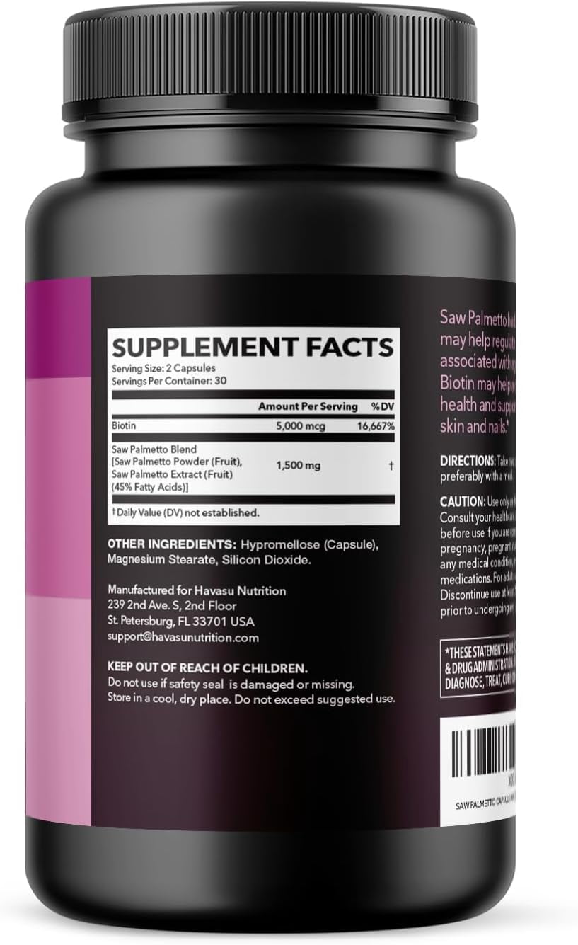 Havasu Nutrition Saw Palmetto Capsules For Women with 5000mcg Biotin for Hair, Skin & Nails, 120 Count
