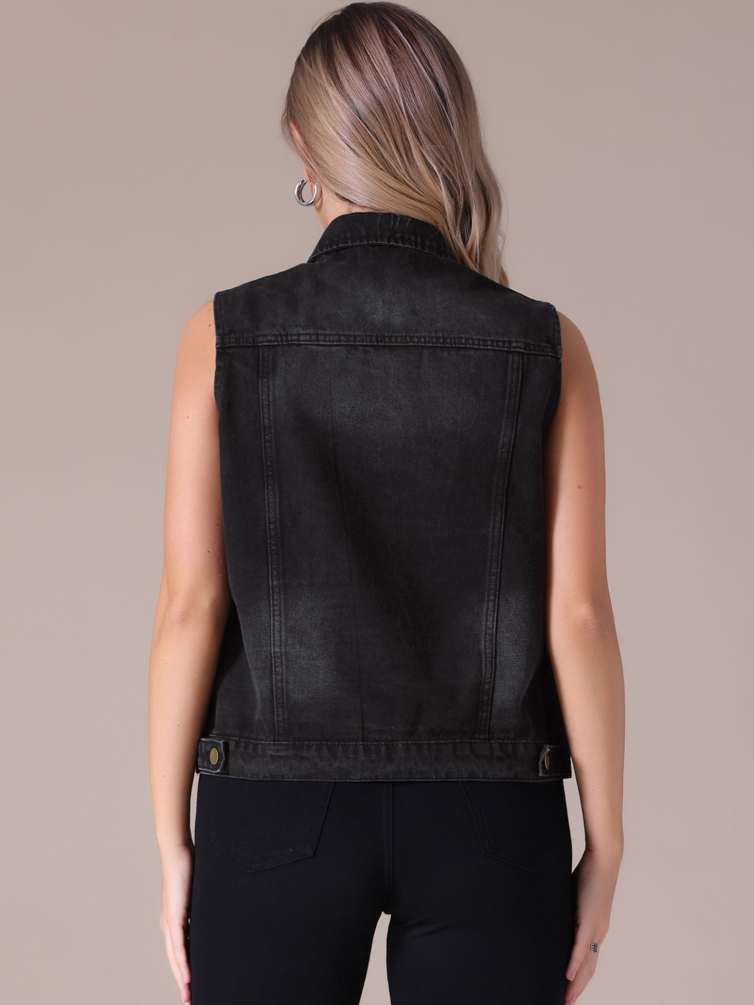 DARING DIVA Womens Denim Vest Button Down Jacket Sleeveless Jean Jacket M Black