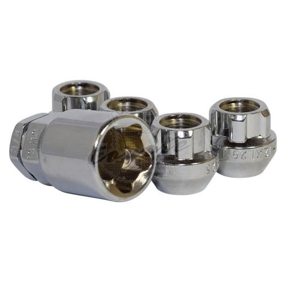 4 CHROME OPEN END BULGE 14 x 1.50 WHEEL RIM ACORN LOCKING LUG NUTS AND 1 KEY