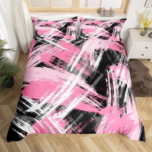 Manfei Pink Black Graffiti Duvet Cover Twin,Modern Abstract Geometric Bedding Sets Twin Size,Vitage Stripe Pattern Bed Set For Kids,Super Cozy Room Decor Reversible(No Comforter),2pcs