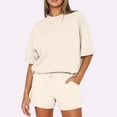 thumbnail image 2 of LNGOOR Ensembles Décontractés 2 Pcs pour Femmes, Hauts à Col Ras du Cou à Manches Courtes et Shorts à Cordon, Ensembles de Sport Survêtements avec Poches, 2 of 9