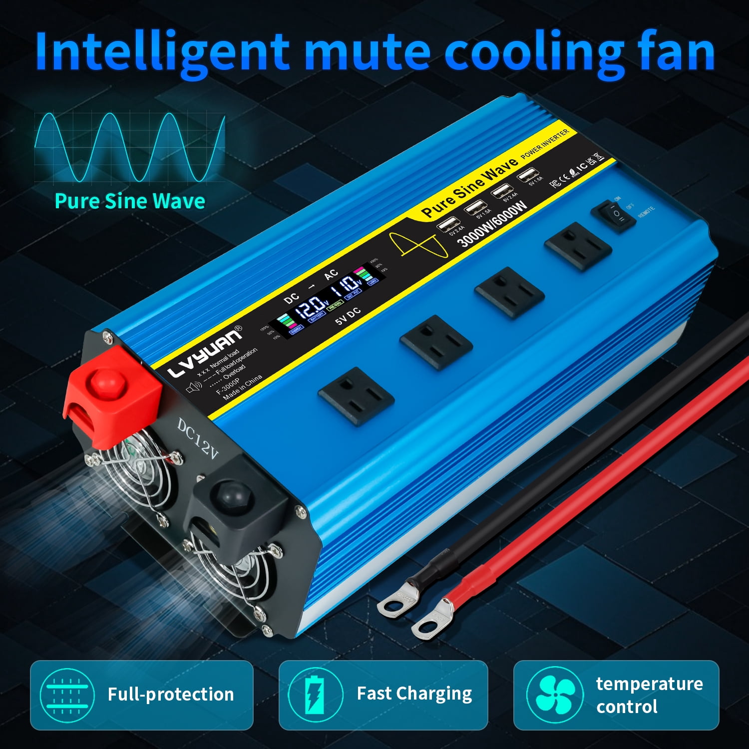 LVYUAN 3000W Pure Sine Wave Power Inverter 6000W Peak DC 12V to AC 110V Car Converter with LCD Display, Remote Control, 4 AC & 4 USB Ports, for Car, RV, Truck, Camping, Off-Grid, Home Backup Blue