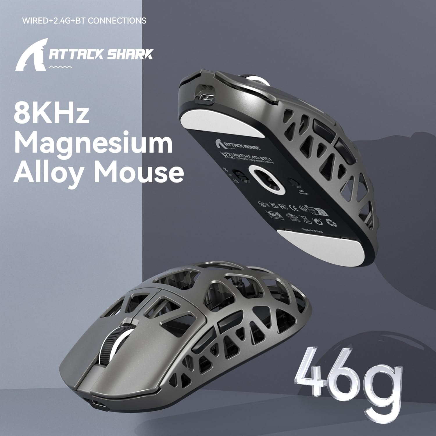 ATTACK SHARK R3 46g Superlight Wireless Gaming Mouse, Magnesium Alloy BT/2.4Ghz/Wired Computer Mouse, PAW3395 26K DPI Sensor, 8000Hz Wireless Polling Rate Programmable Mice for PC/Laptop/Mac (Grey)