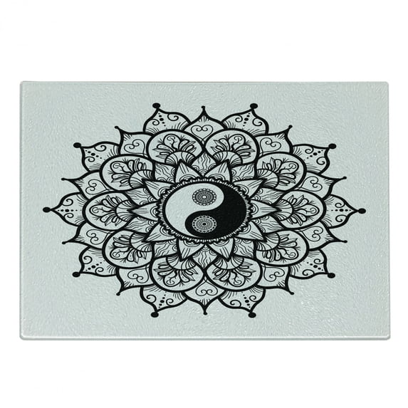 Ying Yang Cutting Board, Retro Floral Yin Yang Design with Mandala Patterns Paisley Leaves Petals Boho, Decorative Tempered Glass Cutting and Serving Board, Small Size, Black White, by Ambesonne