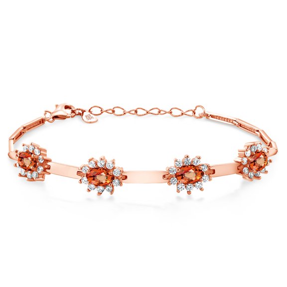 Gem Stone King 18K Rose Gold Plated Silver Orange Sapphire and White Created Sapphire Bracelet for Women (3.80 Cttw, Gemstone September Birthstone, Oval 6X4MM, 7 inch 1 inch Extender)