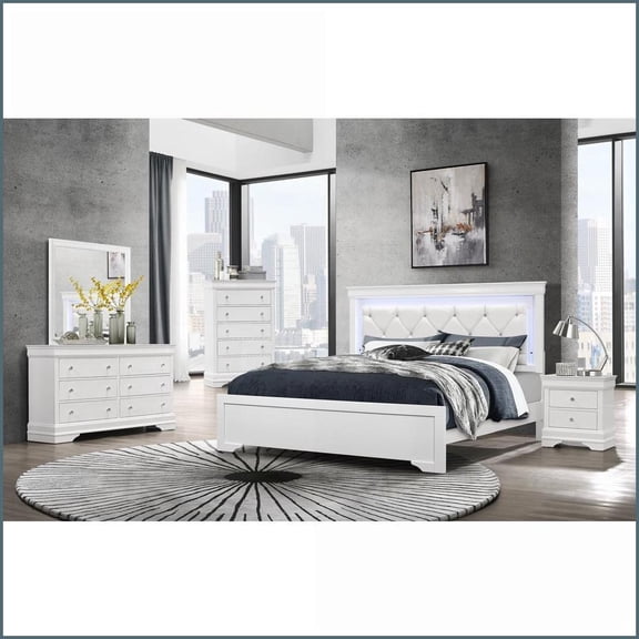 Bedroom Furniture Set Full 5-Piece Shaker White with Crystal Tufted Headboard & LED | White | Solid Wood MDF