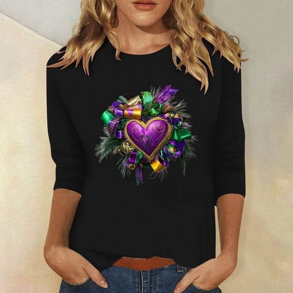 Cavosen Carnival Day 3/4 Length Sleeve Womens Tops Loose Fit Holiday Mardi Gras Crewneck Tops Mask Graphic Print Blouse Festival Trendy Shirts Casual Athletic Tees Party Tuesday Black L