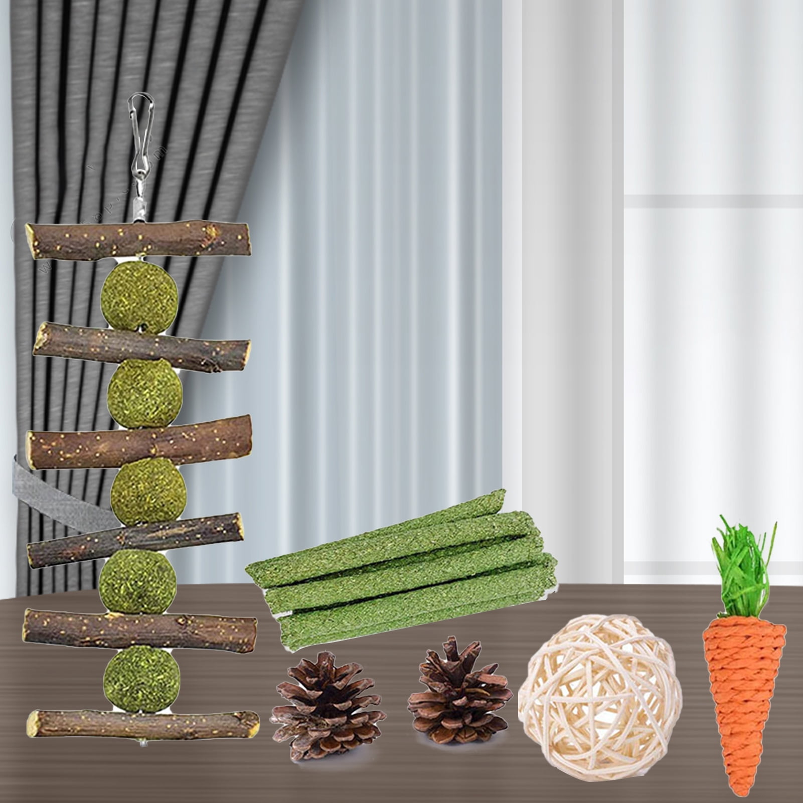 DOPI 6Pcs Bunny Toys Carrot Pine Cones Balls Natural Wood Molar Toys Hamster Play Chew Toys Pet Toys