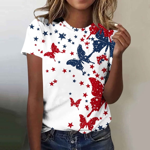 Xdegoge 4Th of July Patriotic T Shirt for Women USA American Flag Short Sleeve Crewneck Stars and Stripes Regular Fit Summer Tops Independence Day Festival Wear