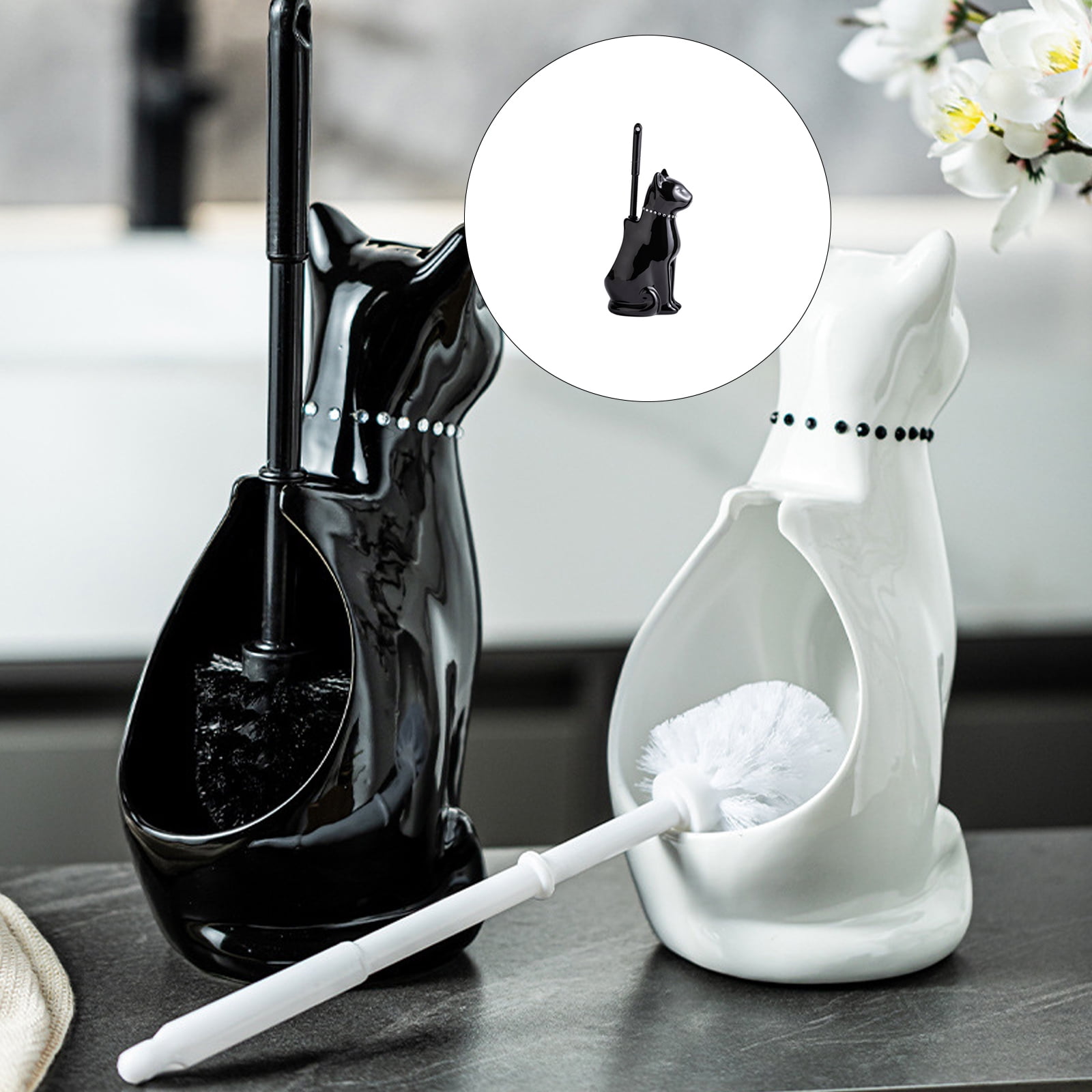 2. Ceramic Cats Base Toilet Bowl Brush & Holder, Soft Bristles Freestanding Brush for Bathroom