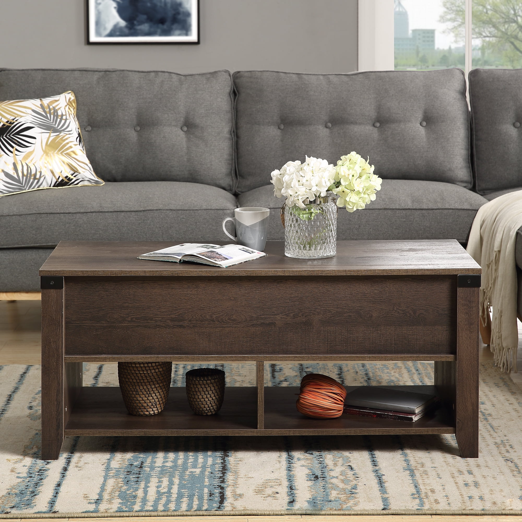 Lift Top Coffee Table End Table With Hidden Storage And Open Shelf