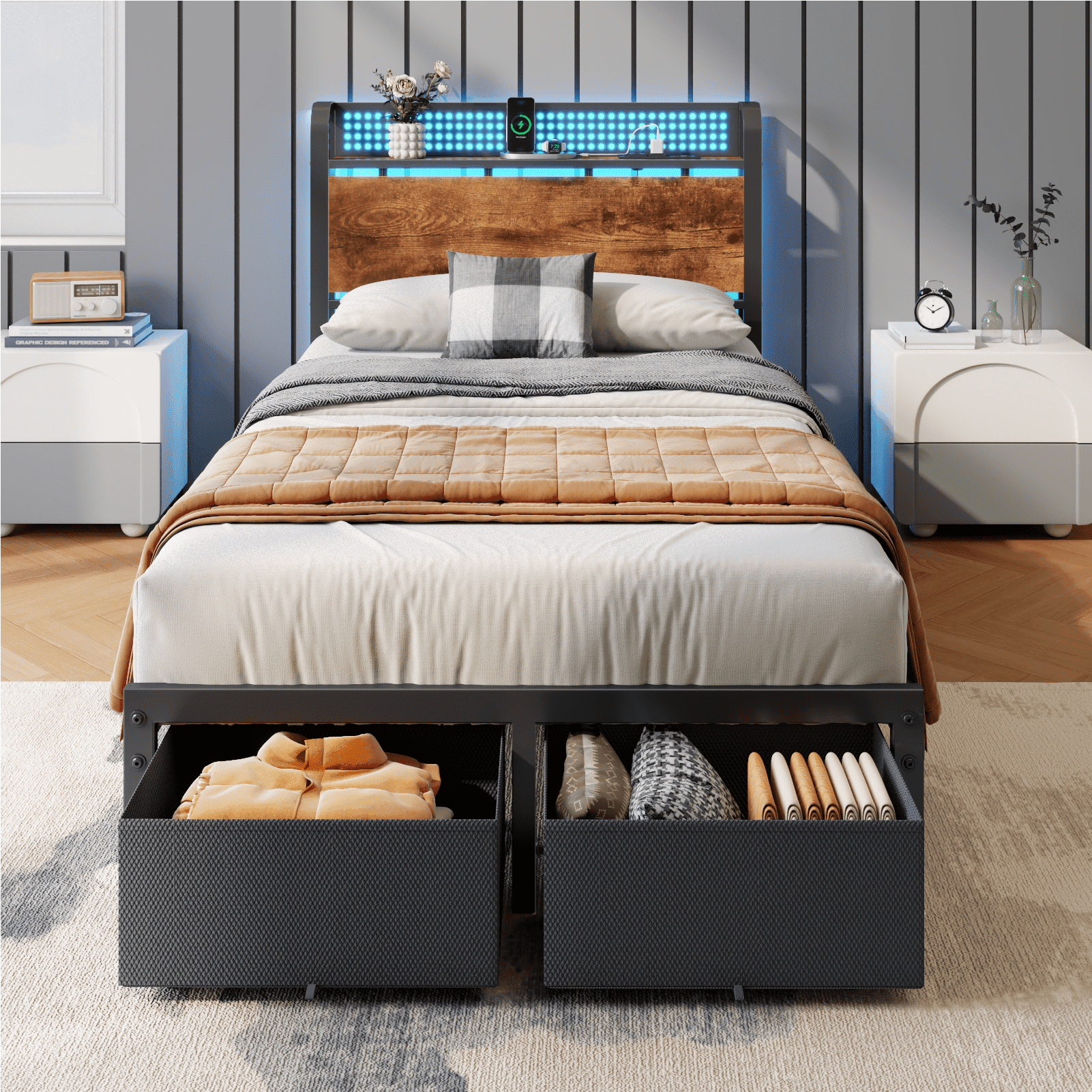Satifur Twin Bed Frame with Storage and RGB LED Lighting
