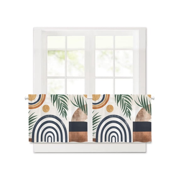 Boho Short Blackout Curtains 24 Inch Long Leaf Geometric Neutral Mid Century Rod Pocket Kitchen Curtains, 2 Panels Thermal Insulated Room Darkening Drapes for Bedroom, 30"W x 24"L
