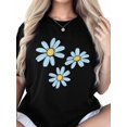 thumbnail image 6 of Women's T-Shirt Minimalist Light Blue Yellow Daisy Floral Short Sleeve Casual Tee Classic Crew Neck T Shirt for Women Black, 2XL, 6 of 7
