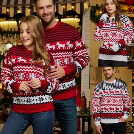 

wirlsweal Christmas Sweater Unisex Colorful Elk Snowflake Print Long Sleeve Round Neck Thick Elastic Soft Pullover New Year Couple Clothes