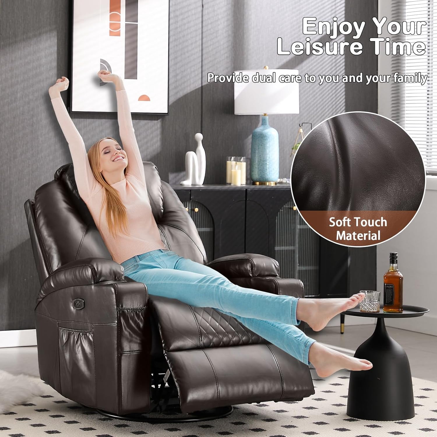 QJTC Power Rocker Recliner Chair with Heat and Massage, 240° Swivel Recliner Chair with Cup Holder/LED Lights/USB Ports, Brown