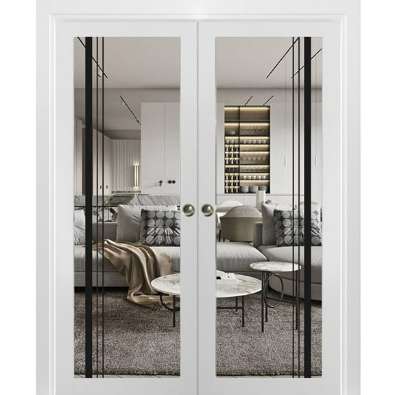 Sliding French Double Pocket Doors 36 x 80 inches | Lucia 2566 White Silk Clear Glass | Kit Trims Rail Hardware | Solid Wood Interior Bedroom Sturdy Doors