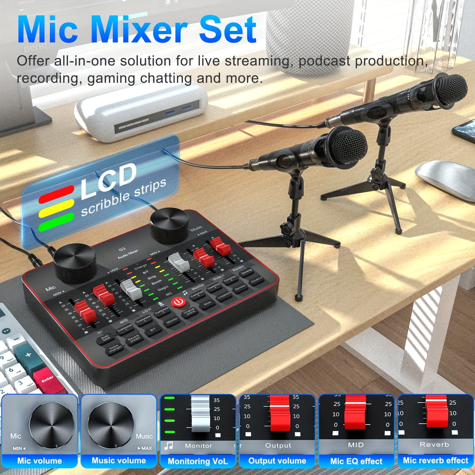 Professional Mixer Kit: Condenser & Dynamic Mic with Sound Card for Streaming, Podcast, Recording, Karaoke on Laptop & Mobile