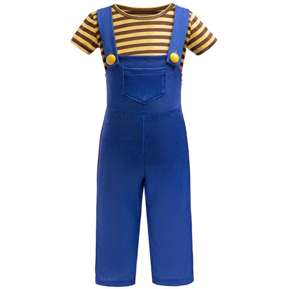 Funny Cartoon Blue Overalls and Short Sleeve T Shirt Cosplay Costume Set Striped Jumpsuit for Halloween Dress Up