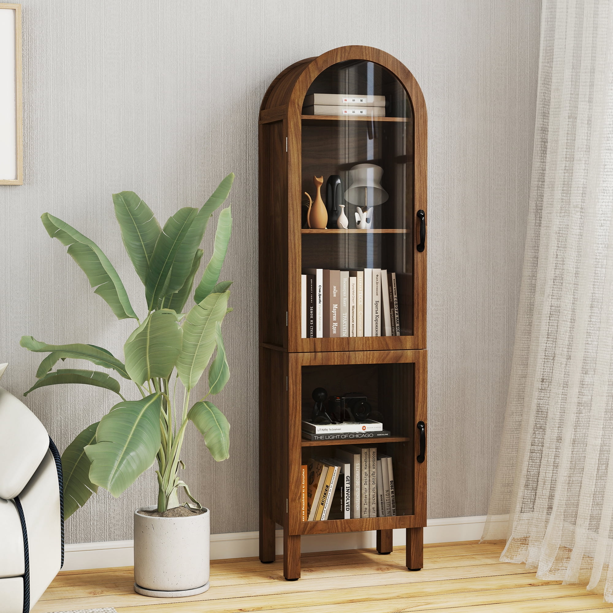 Tall Arched Storage Display Cabinet 5-Shelf with Acrylic Glass Doors, Kitchen Pantry Storage Cabinet Accent Cabinet Bookcase for Living Dining Room