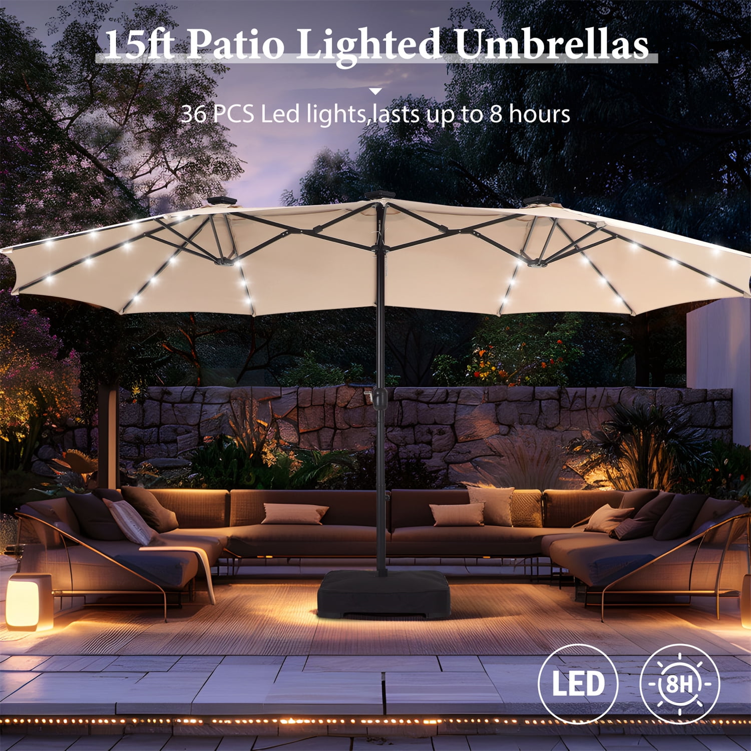 15 FT Double-Sided Solar Patio Umbrella with Base