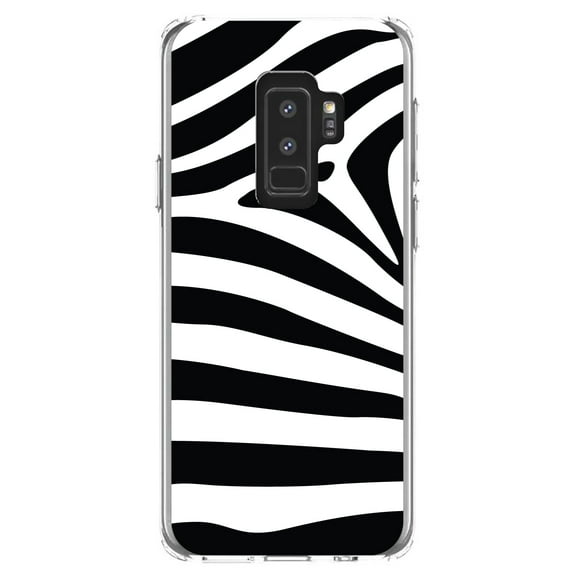 DistinctInk Clear Shockproof Hybrid Case for Samsung Galaxy S9  PLUS (6.2" Screen) - TPU Bumper, Acrylic Back, Tempered Glass Screen Protector - Black White Zebra Skin Stripes