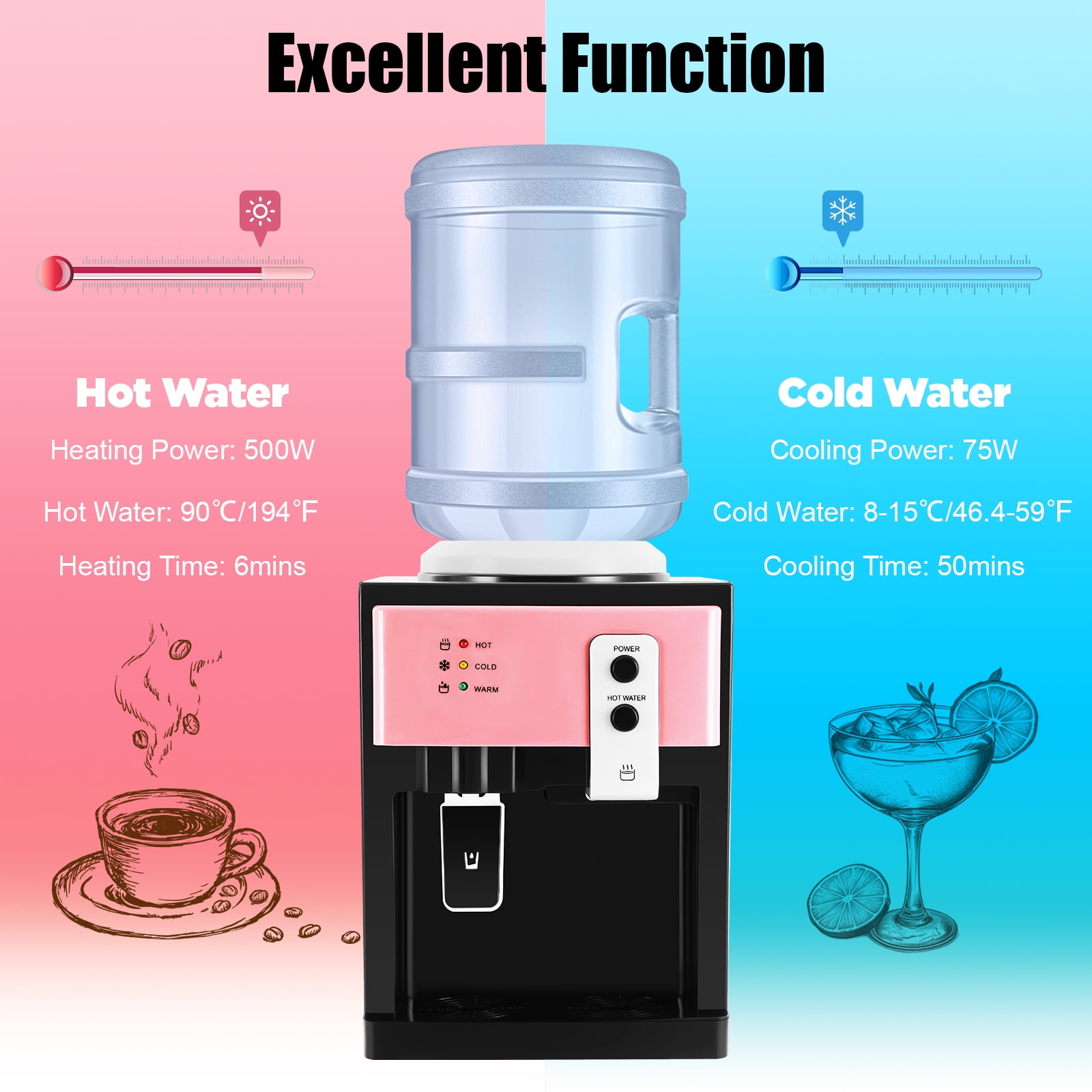 5 Gallons Water Cooler Dispenser Bottom Loading Hot/Cold Water Home Office NEW 10-38℃/50-100.4℉ 110V, 60Hz Corded Electric