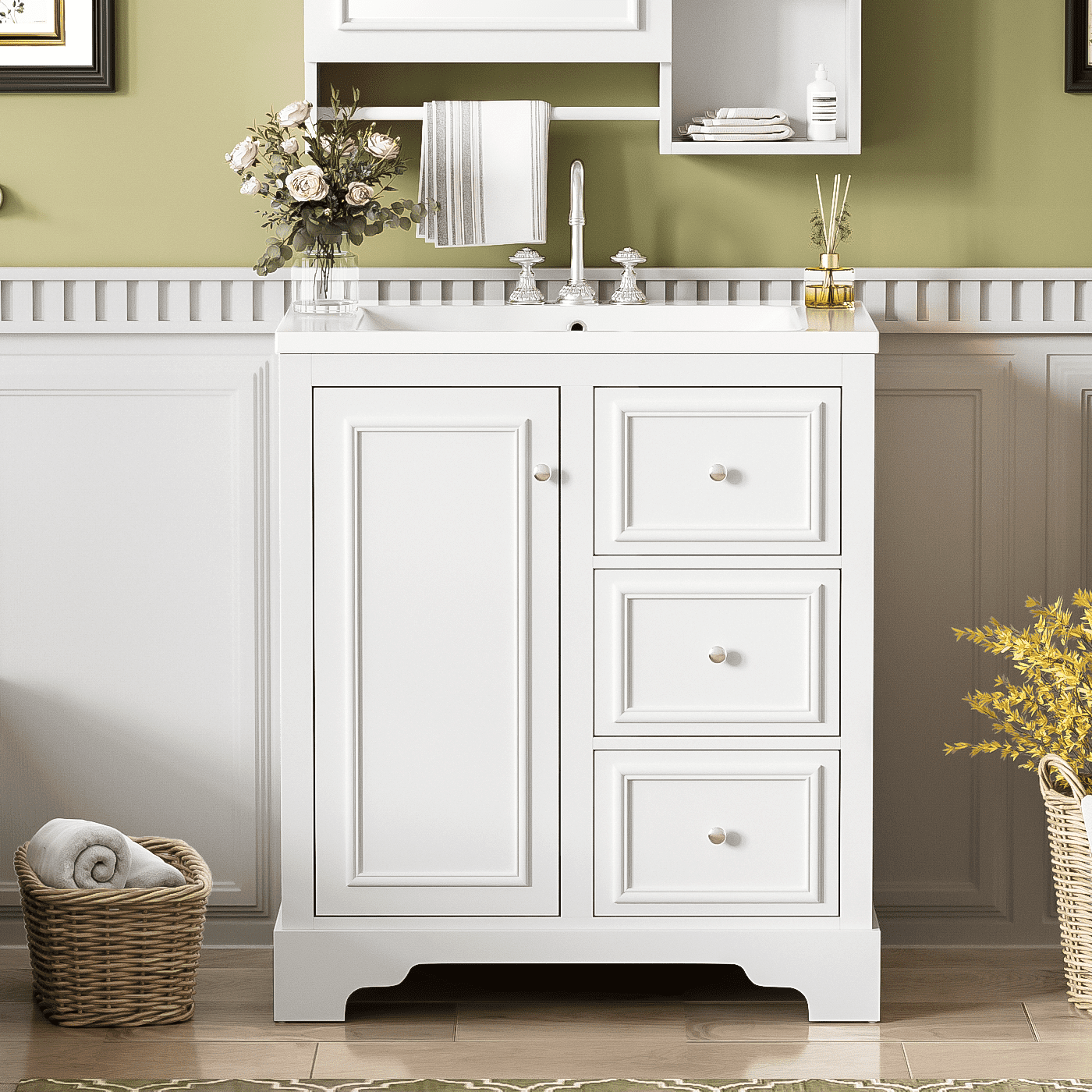 Euroco 30-Inch Bathroom Vanity with Ceramic Sink, 3 Soft-Close Drawers, Adjustable Shelf, Overflow Drain, Solid Wood Frame