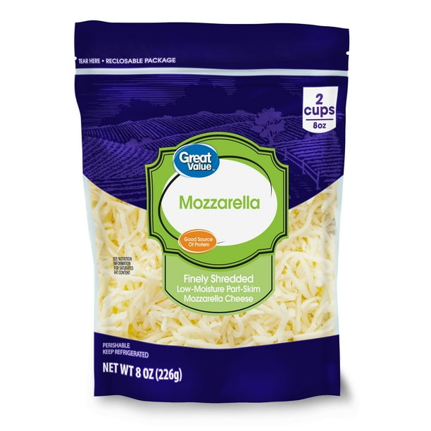 Great Value Finely Shredded Low-Moisture Part-Skim Mozzarella Cheese, 8 ...