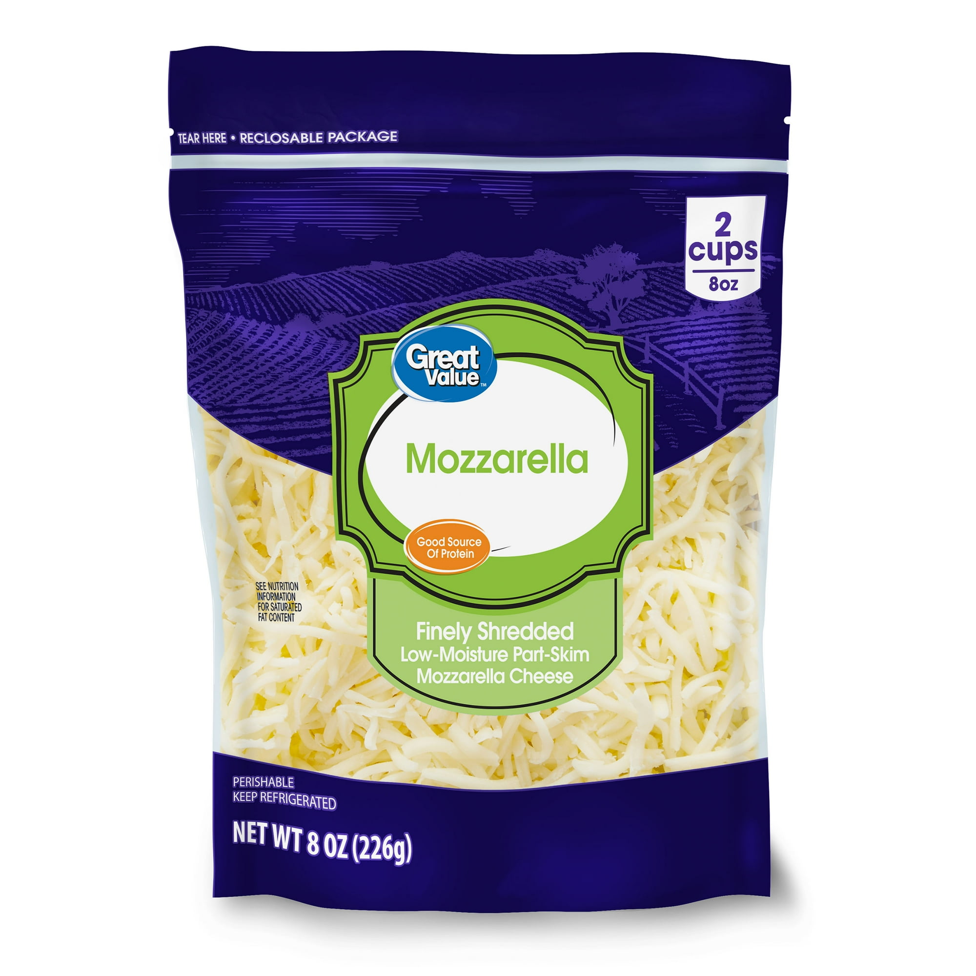Great Value Low-Moisture Part-Skim Mozzarella Finely Shredded Cheese, 8 oz Bag