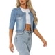 thumbnail image 4 of CHAQUETA DE JEAN CORTA SIN CUELLO PARA MUJERES CON MANGAS 3/4 EN AZUL CLARO TALLA S, 4 of 6