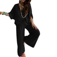 thumbnail image 2 of Xioeram 2 Pcs/Set Women Top Pants Set High Waist Solid Color Wide Leg Pleated Trousers V Neck Bat Sleeve Loose T-shirt Casual Commute Outfit Blouse Pants Set, 2 of 8