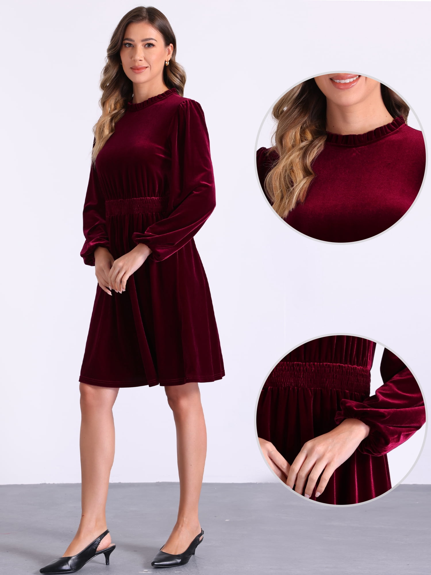 DARING DIVA Velvet Smocked Waistline Wedding Guest Dress L Red