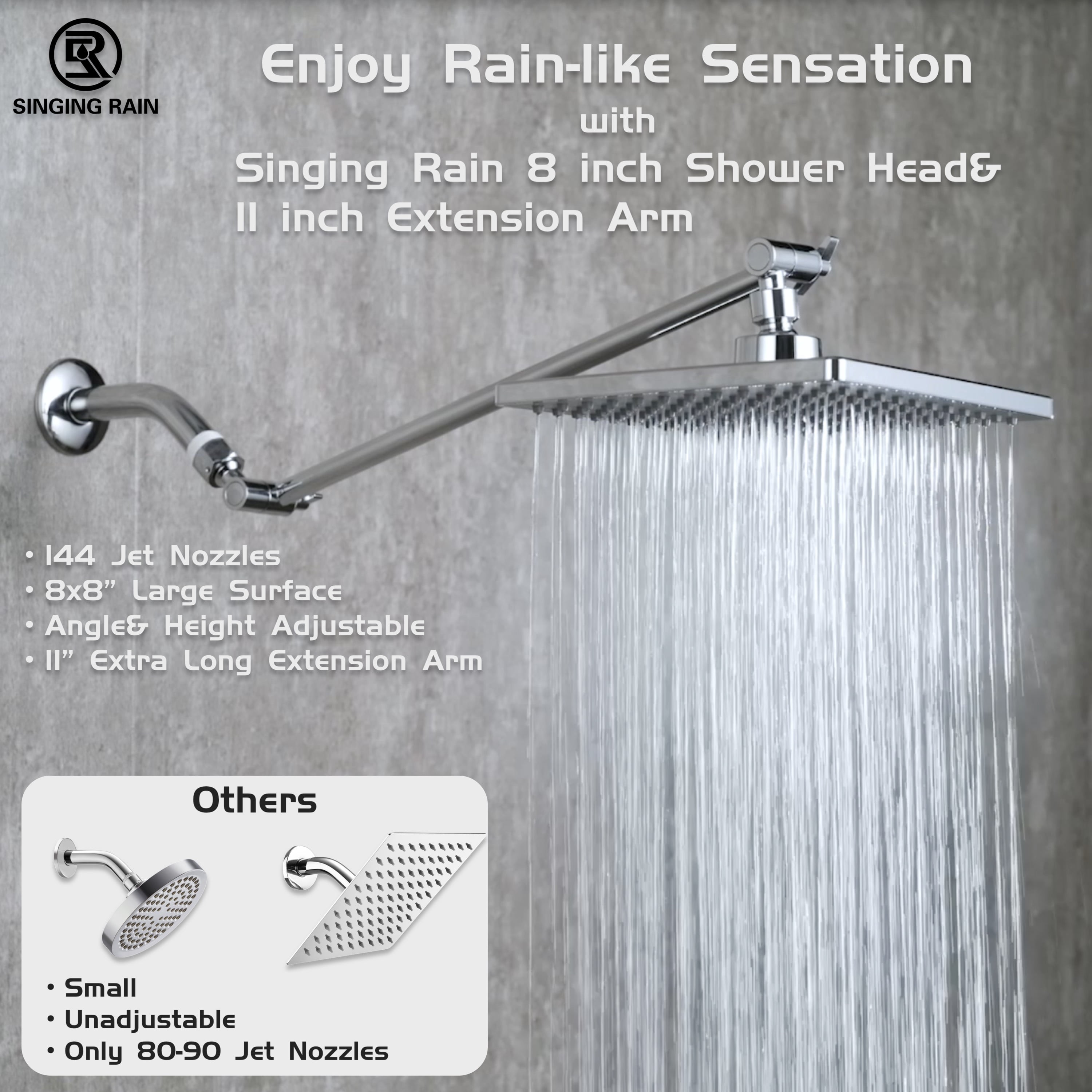 Rain Shower Head, 8'' High Pressure Rainfall Square Showerhead with 11'' Shower Head Extension Arm, Brass Adjustable Shower Arm Extender, Rainfall Waterfall Fixed Showerheads, Chrome