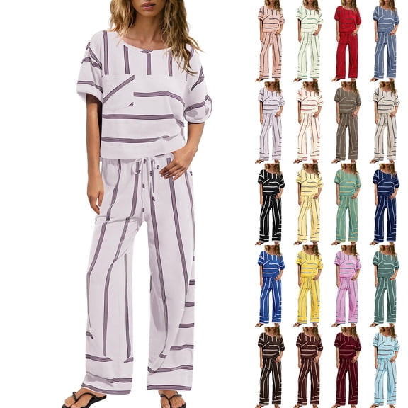 Women's Striped Two Piece Set, Crew Neck Top with Pocket and Drawstring Waist Wide Leg Pants, Cotton Linen Loungewear Set, Summer Casual Outfits for Women-Beige