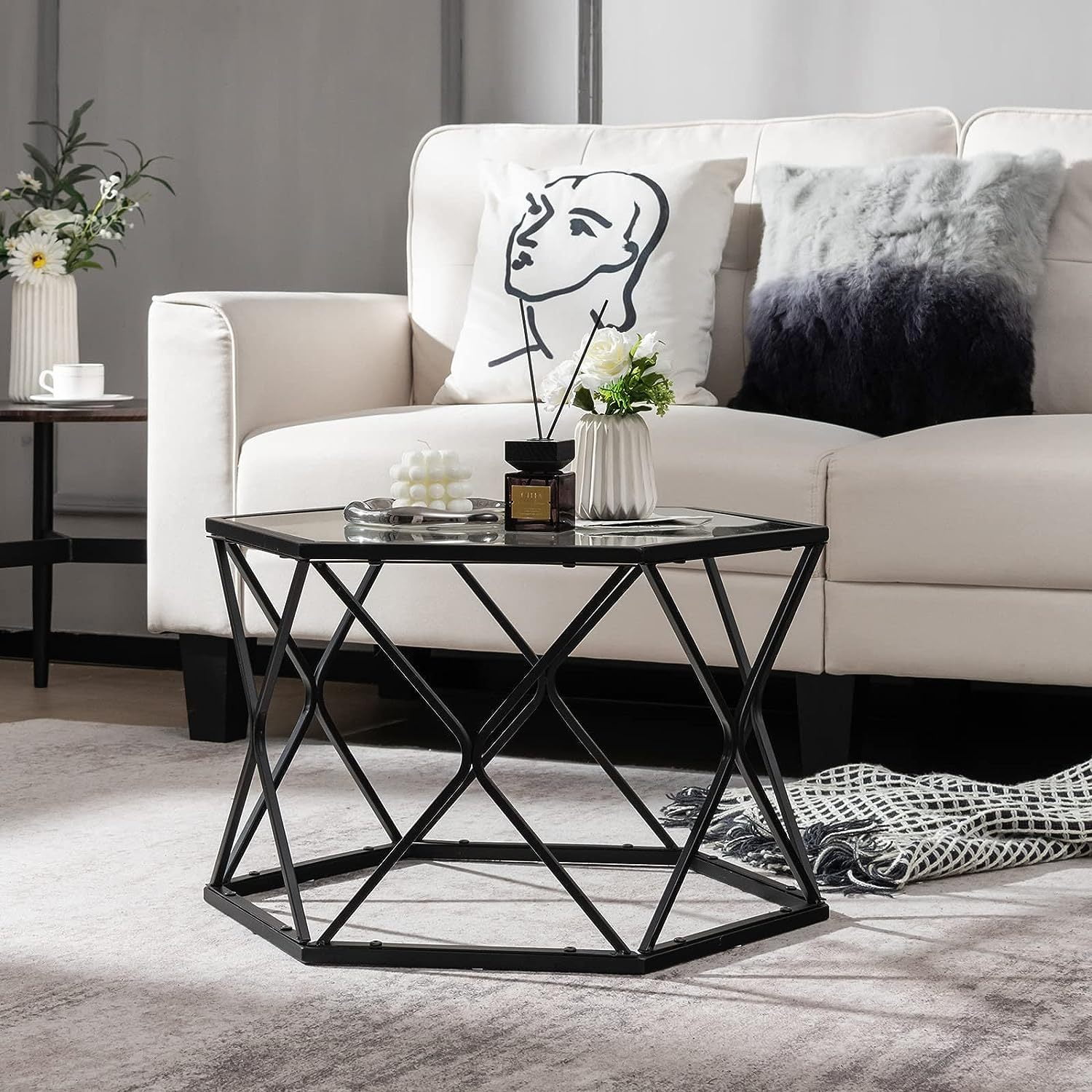 HElectQRIN Hexagonal Glass Coffee Table, End Table w/Tempered Glass Top