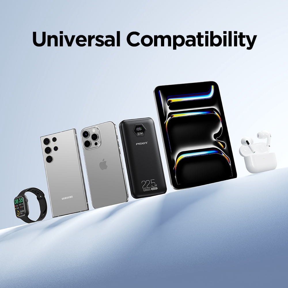 PISEN 10000mAh 3C Power Bank, 22.5W CCC Certified Power Bank, Travel Battery Pack 3C Portable Charger, Supports PD 3.0, QC 3.0, LED Display Travel Portable Charger for iPhone, Samsung and More