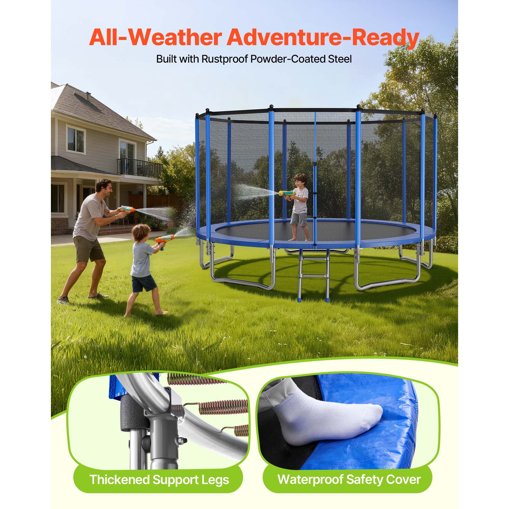 KFFKFF 15FT Round Outdoor Trampoline with Safety Enclosure Net, ASTM Certified, Durable Design, 470 lbs Weight Capacity, Rust-Resistant Backyard Trampoline for Children and Adults