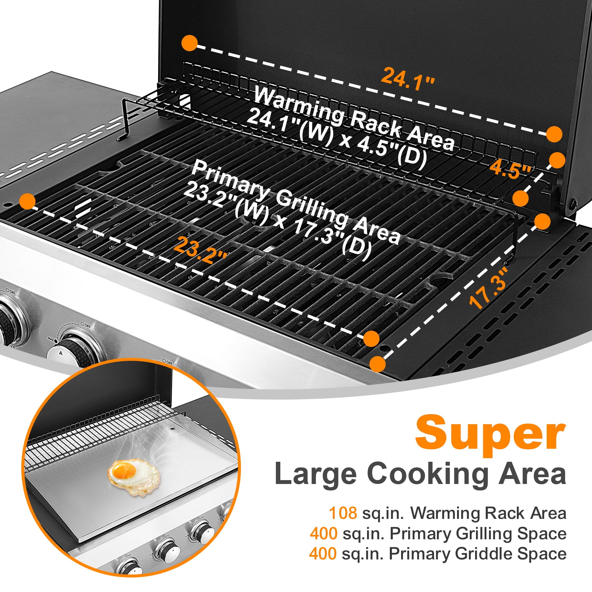 2 in 1 Propane Gas Grill and Griddle Combo, 4 Burner Griddle Grill Combo with Folding Side Tables & Hanging Basket, 49,200BTU Stainless Steel Propane Grill for Outdoor Cooking