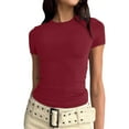 thumbnail image 2 of Qicasul Women T-Shirts for Female Short Sleeve Basic T Shirt Summer Neck Crop Top Outing Layered Slim Fit Top Wine XS, 2 of 4