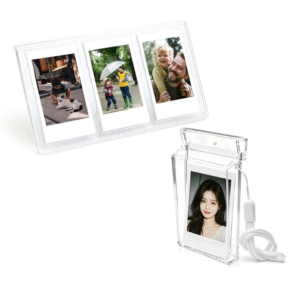 JinBeiXi 3 in 1 Instax Mini Picture Frame & Storage Case, Holds 3 Display 18 Backup Photos, Clear Tabletop Photo Holder for Fujifilm Instax Mini 12/11 & Polaroid, with Lanyard