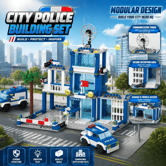 Yincuntons City Police Station Building Set Compatible with Lego Police Headquarters Scene Model Desktop Decor for Adult