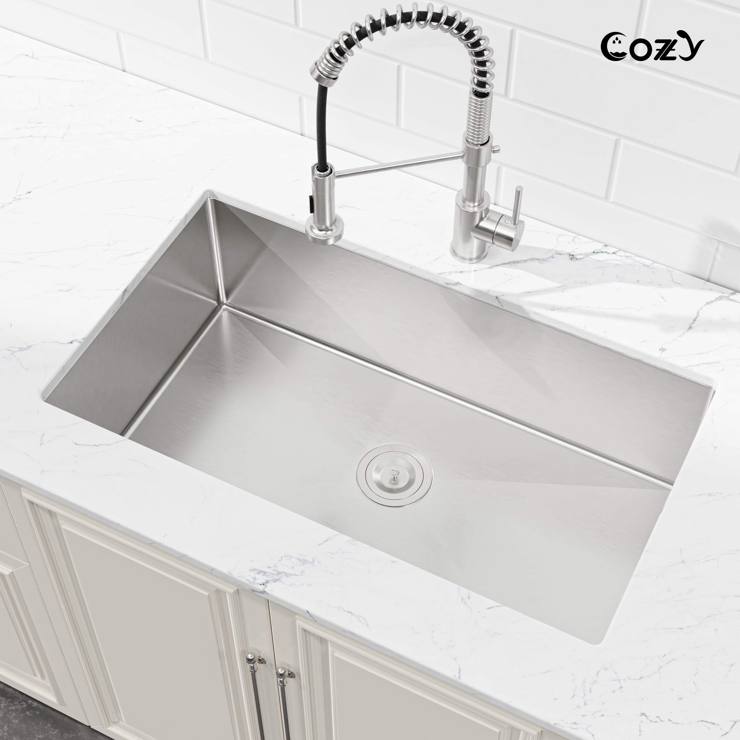 33x19 inch Brushed Nickel Stainless Steel Single Bowl Undermount Kitchen Sink with US Standard Drain and Hook, Model SS-BR04D-331912