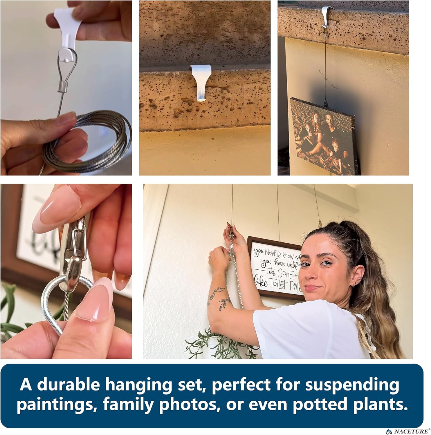 JJEAN-Picture Hanging Kit – Picture Rail Hooks with 6 of Each White Rail Hooks, 72 Inch Invisible Loop Cord, 6 Adjustable Hooks – Stainless Steel Picture Molding Hangers Nylon and Steel Cable