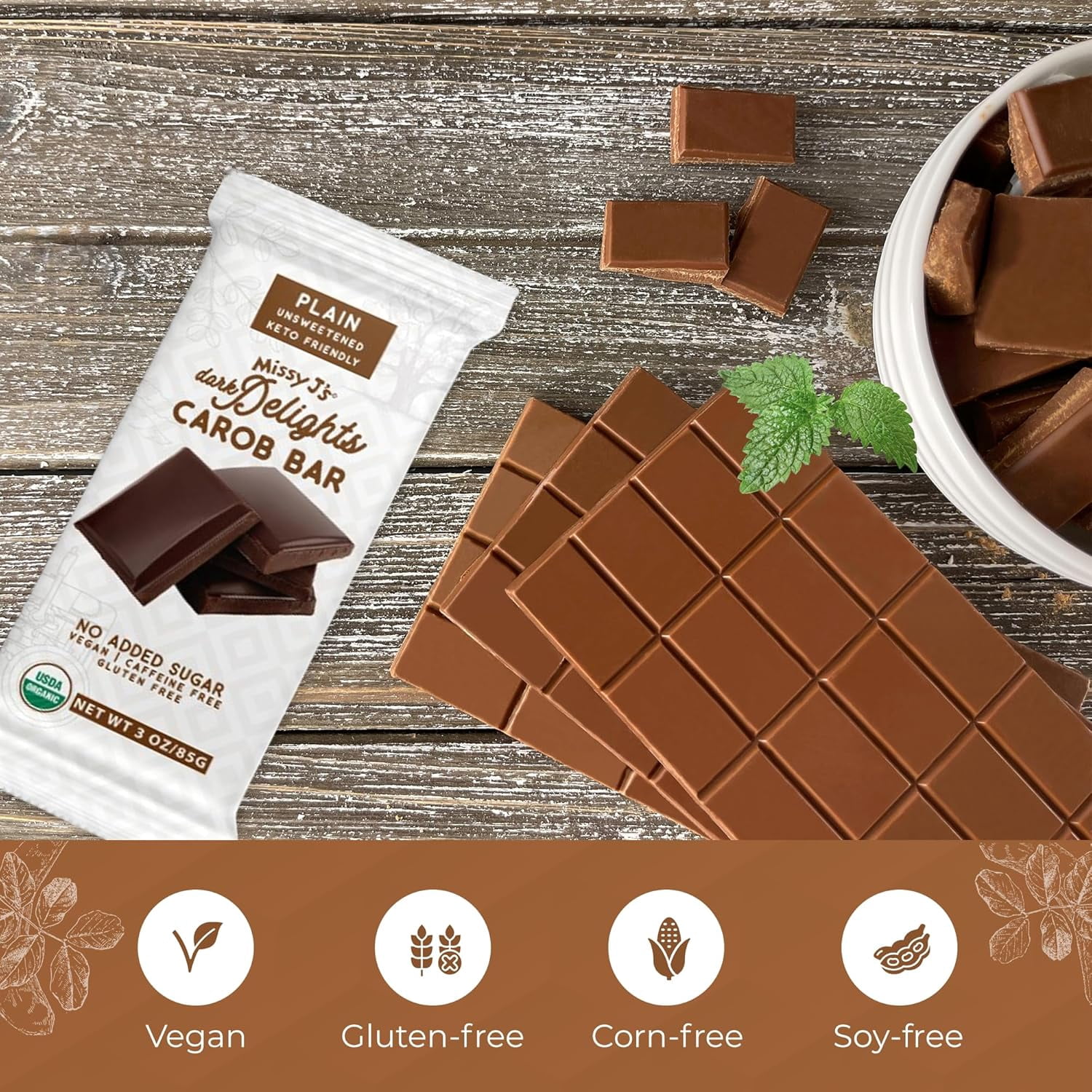 Missy J’s Organic Carob Unsweetened Plain Candy Bar Chocolate Substitute Healthy 3oz 6 Pack