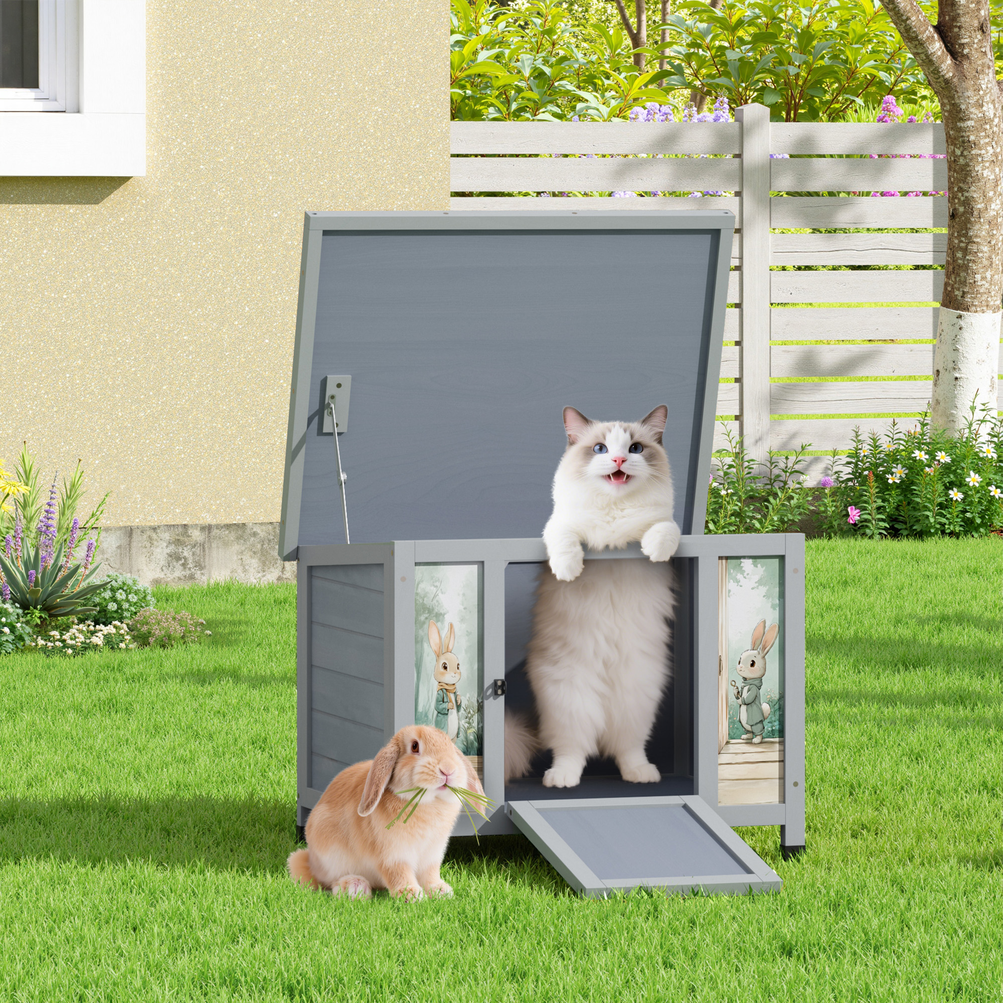 24'' Small Rabbit Hutch Outdoor, Bunny Cage for Small Animal with Weatherproof & Openable Top, Wooden Cat House for Indoor & Outdoor Use (Grey)